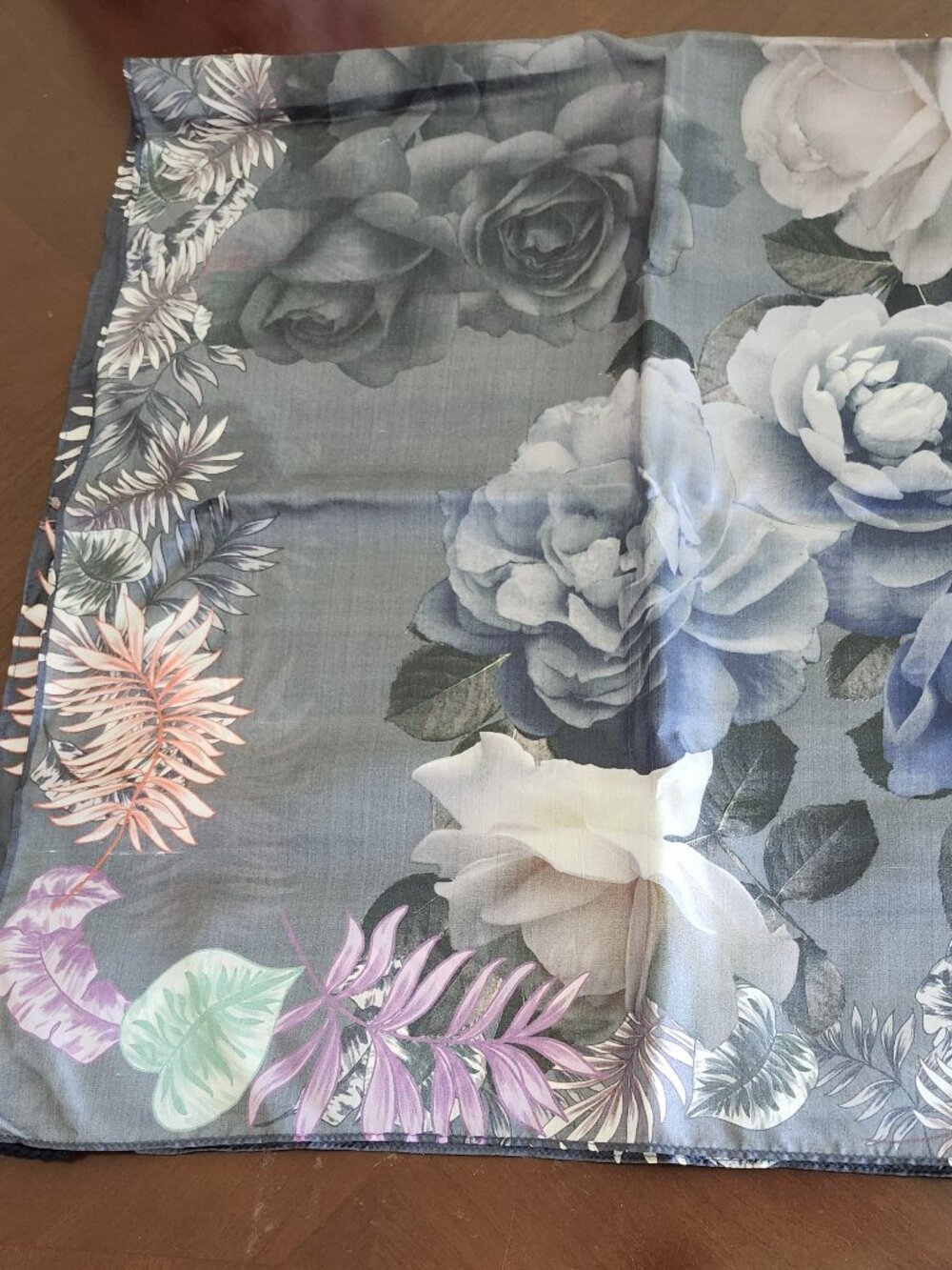 JoHnny Was Silk Scarf Gray with Flowers and tassels on the ends
